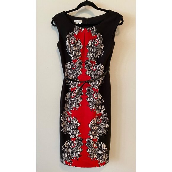 London Times Dress Black & Red Sleeveless Sheath w/ Belt Size 4 - Picture 1 of 9
